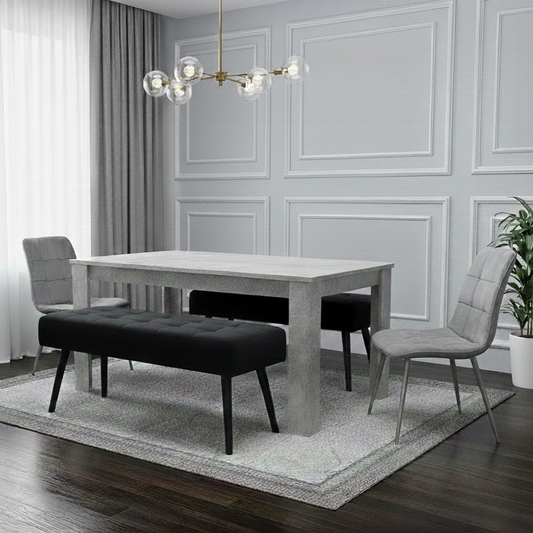 DOUBS Grey Wooden Dining Table Set with 2 Grey Chairs and Benches - Dining Kitchen Room Furniture