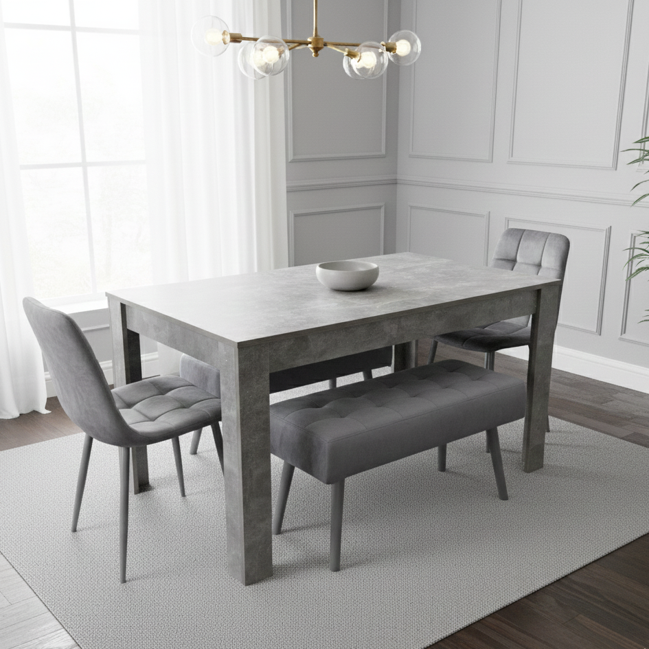 DOUBS Grey Wooden Dining Table Set with 2 Grey Chairs and Benches - Dining Kitchen Room Furniture