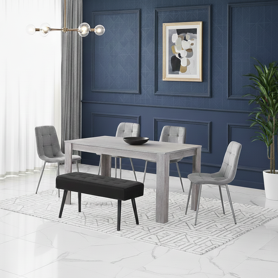 DOUBS Dining Table and 4 Chairs With Bench Grey 4 Grey Velvet Chairs