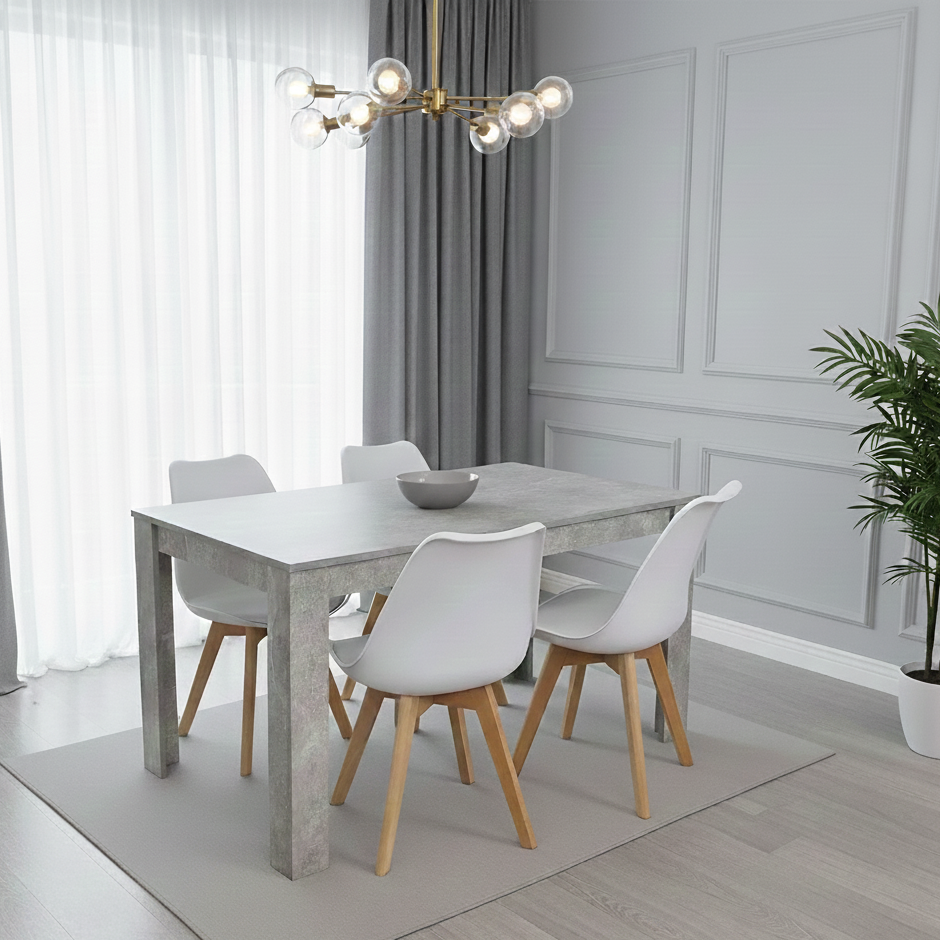 DOUBS Dining Table and 4 Chairs Stone Grey Effect Wood Table 4 White Plastic Leather Chairs Dining Room