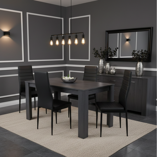 DOUBS Dining Table and 4 Chairs  Black Dark Grey Leather Chairs Wood Dining Set Furniture