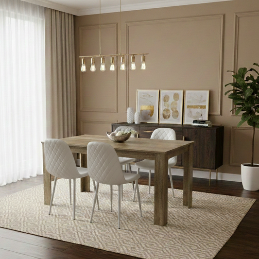 DOUBS Wooden Dining Table with 4 white Gem Patterned Chairs Rustic Effect Table with white Chairs