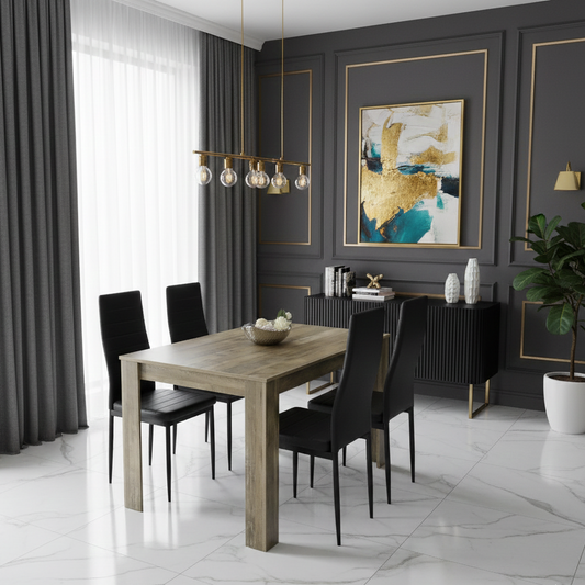 DOUBS Dining Table and 4 Chairs Rustic Effect Wood Table 4 Black Leather Chairs Dining Room