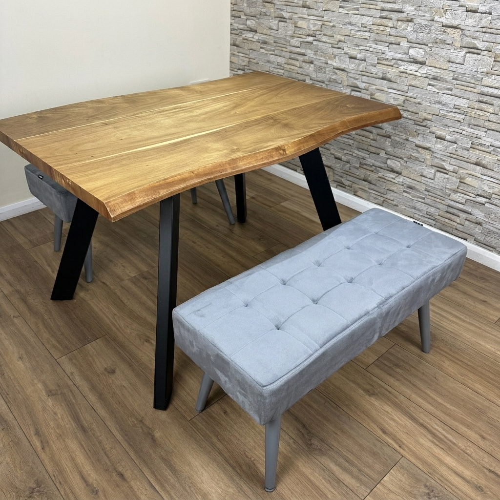 DOUBS Wood Dining Table and 2 Grey Velvet Benches 3-Piece Set