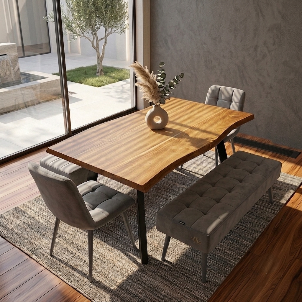 DOUBS Wood Dining Table with 2 Grey Velvet Chairs and 2 Benches 5-Piece Set
