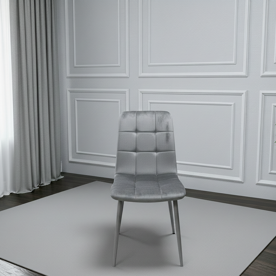 Doubs Grey Wooden Effect Dining Table Set with 6 Tufted Velvet Grey Chairs , Melamine Finish, Modern Curved Back Design