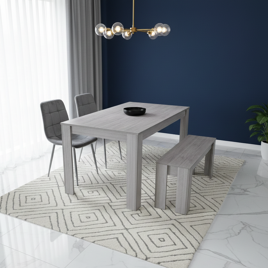 DOUBS Dining Table and 2 Chairs With Bench Grey 2 Grey Velvet Chairs Wooden Bench Wood Dining Set Furniture
