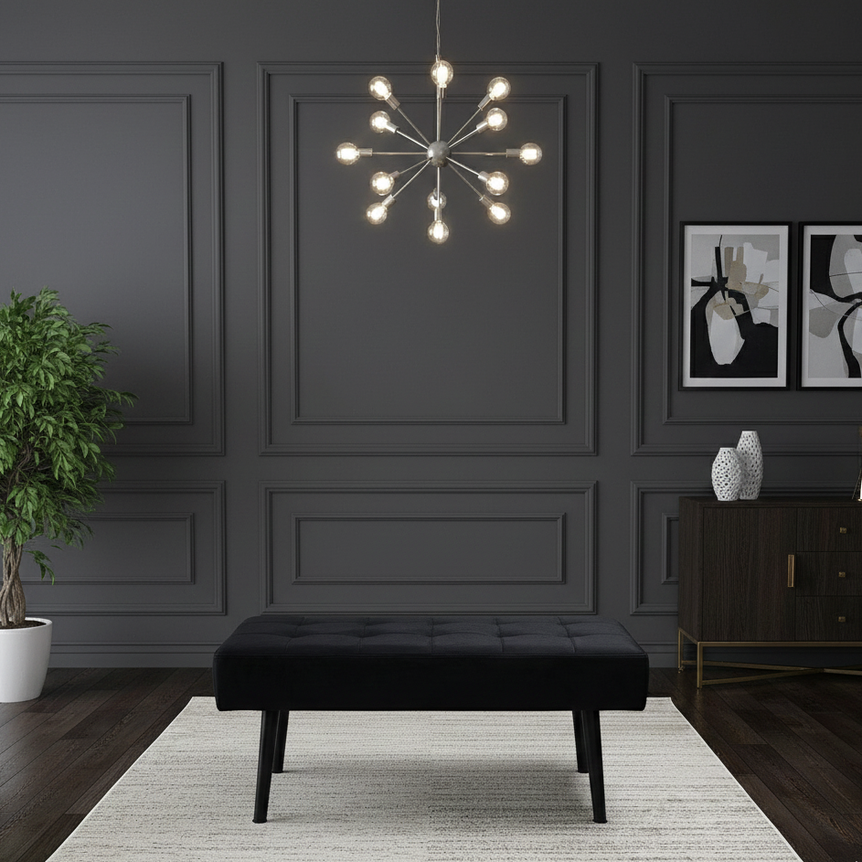 DOUBS Dark Grey Wooden Dining Set with Velvet Chairs and Bench, Arrow Design