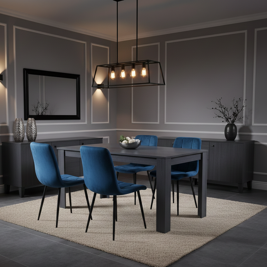 DOUBS Dining Table and 4 Chairs  Black Dark Grey Blue Velvet Chairs Wood Dining Set Furniture
