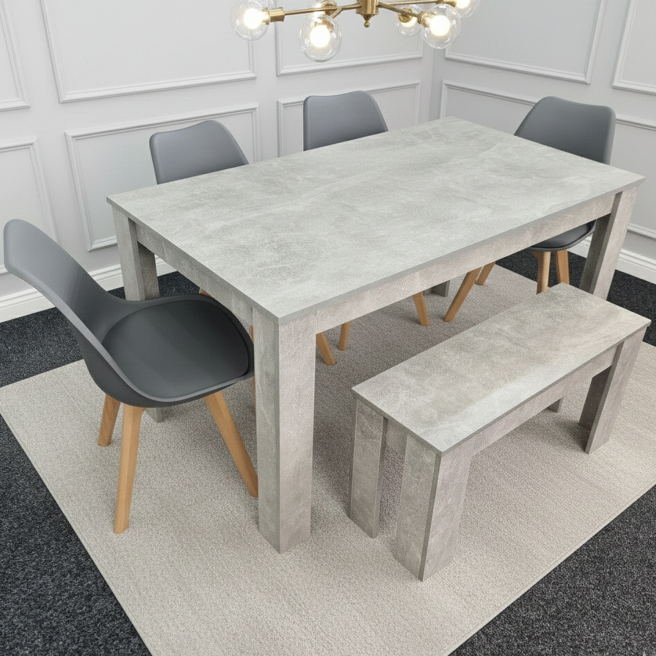 DOUBS Dining Table and 4 Chairs With Bench Stone Grey Effect Wood Table 4 Grey Plastic Leather Chairs Dining Room