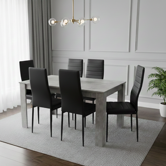 DOUBS Dining Table and 6 Chairs Stone Grey Effect Wood Table 6 Black Leather Chairs Dining Room