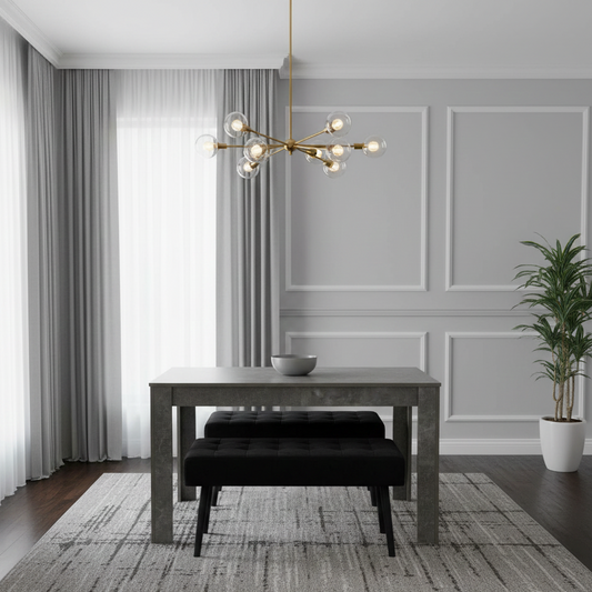 DOUBS Grey Wooden Dining Table Set and 2 Benches with Metal Legs – Dining Kitchen Room Furniture