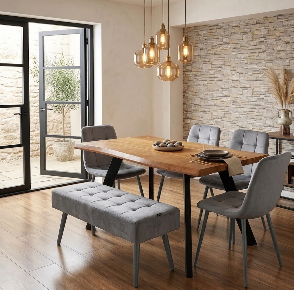 DOUBS Modern Wood Dining Table with 4 Grey Velvet Chairs and 1 Bench 6-Piece Set