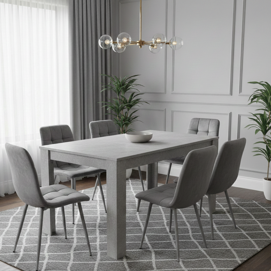 Doubs Grey Wooden Effect Dining Table Set with 6 Tufted Velvet Grey Chairs , Melamine Finish, Modern Curved Back Design