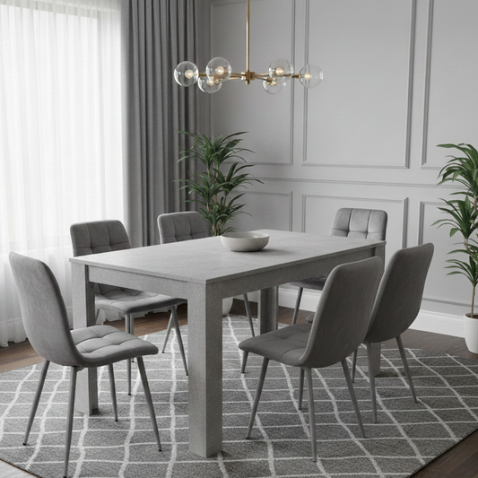 Doubs Grey Wooden Effect Dining Table Set with 6 Tufted Velvet Grey Chairs , Melamine Finish, Modern Curved Back Design