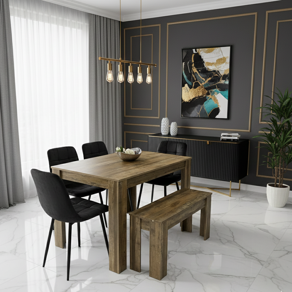 DOUBS Modern Dining Table with 4 Black Velvet Chairs and Bench Kitchen Set