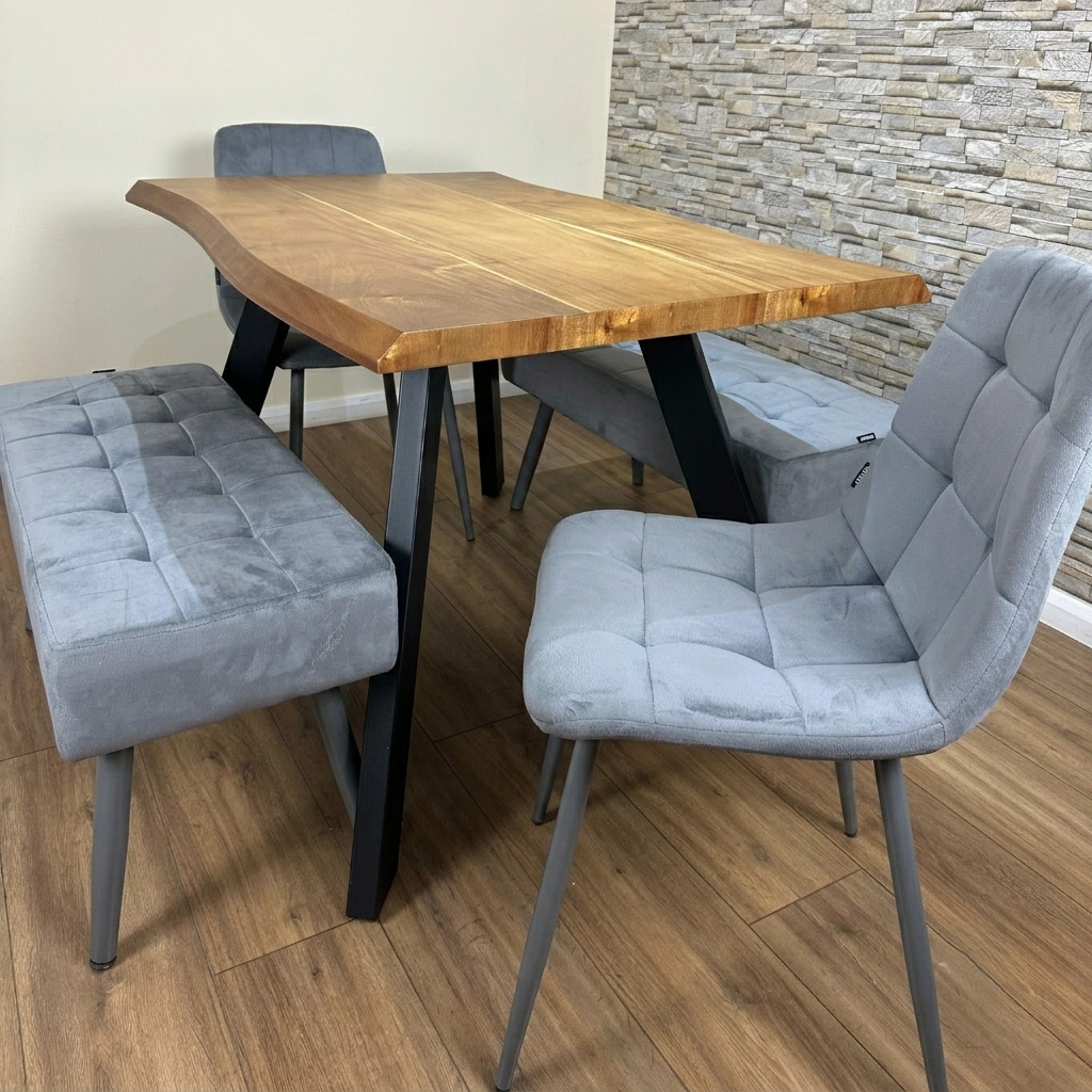 DOUBS Wood Dining Table with 2 Grey Velvet Chairs and 2 Benches 5-Piece Set