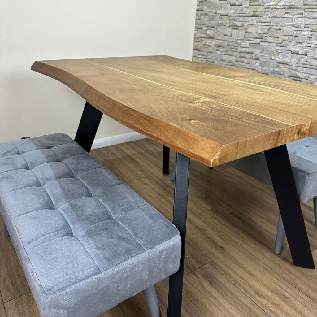 DOUBS Wood Dining Table and 2 Grey Velvet Benches 3-Piece Set