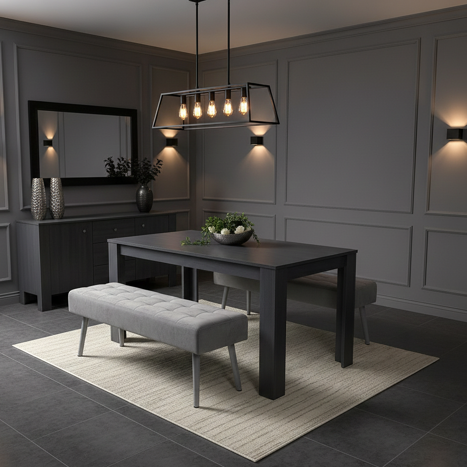 DOUBS Wooden Dark Grey Arrow Design Dining Set with Velvet Chairs & Benches