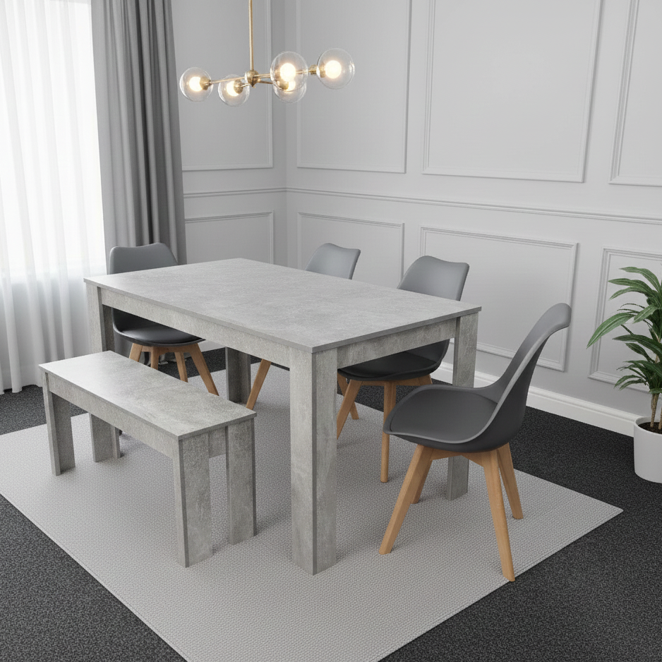 DOUBS Dining Table and 4 Chairs With Bench Stone Grey Effect Wood Table 4 Grey Plastic Leather Chairs Dining Room