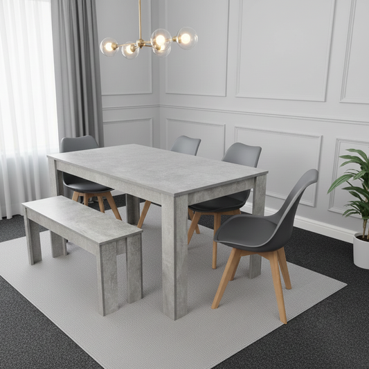 DOUBS Dining Table and 4 Chairs With Bench Stone Grey Effect Wood Table 4 Grey Plastic Leather Chairs Dining Room