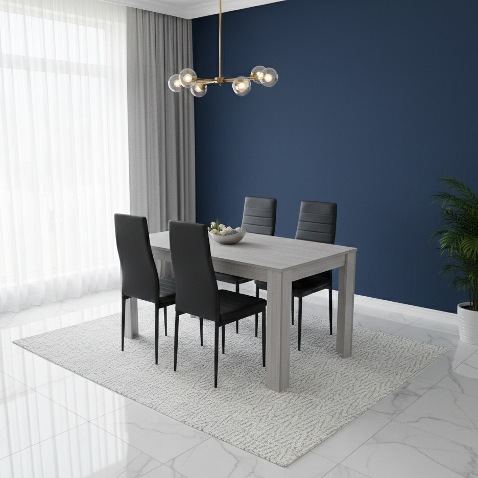 DOUBS Dining Table and 4 Chairs Grey 4  Black Leather Chairs Wood Dining Set Furniture