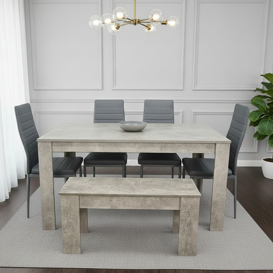 DOUBS Dining Table and 4 Chairs With Bench Stone Grey Effect Wood Table 4 Grey Leather Chairs Dining Room