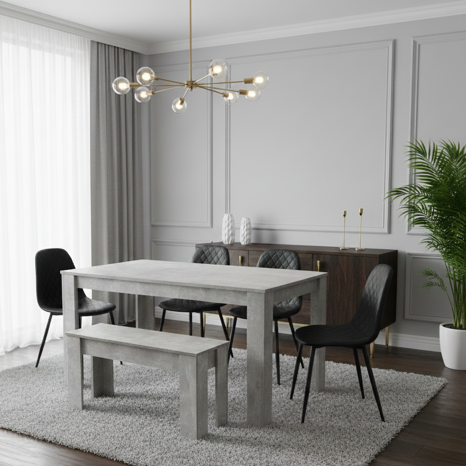 DOUBS Dining Table and 4 Chairs Stone Grey Effect Wood Table 4 Black Leather Chairs Dining Room
