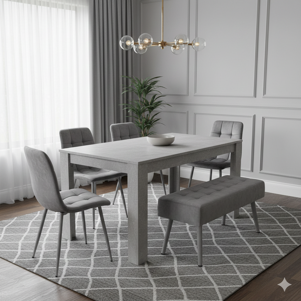 DOUBS Grey Wooden Dining Table Set with 4 Grey Chairs and 1 Bench - Dining Kitchen Room Furniture