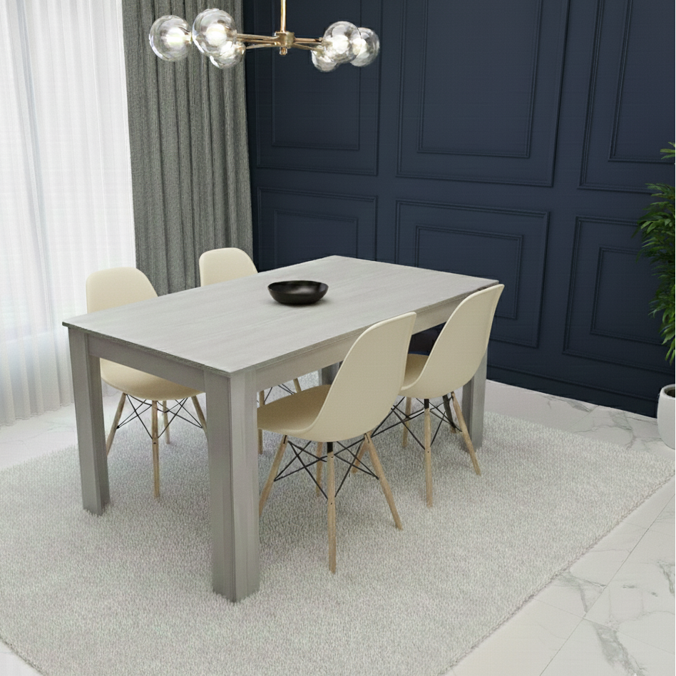 DOUBS Modern Grey Dining Table Set With 4 Cream Plastic Chairs Dining Room Furniture