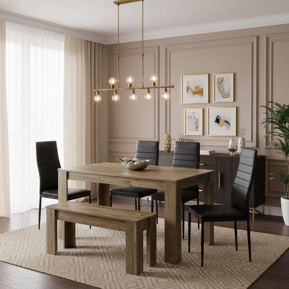 DOUBS Wooden Dining Table Set for 6 Rustic Effect Table With 4 Black Leather Chairs and 1 Bench