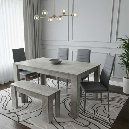 DOUBS Dining Table and 4 Chairs With Bench Stone Grey Effect Wood Table 4 Grey Leather Chairs Dining Room