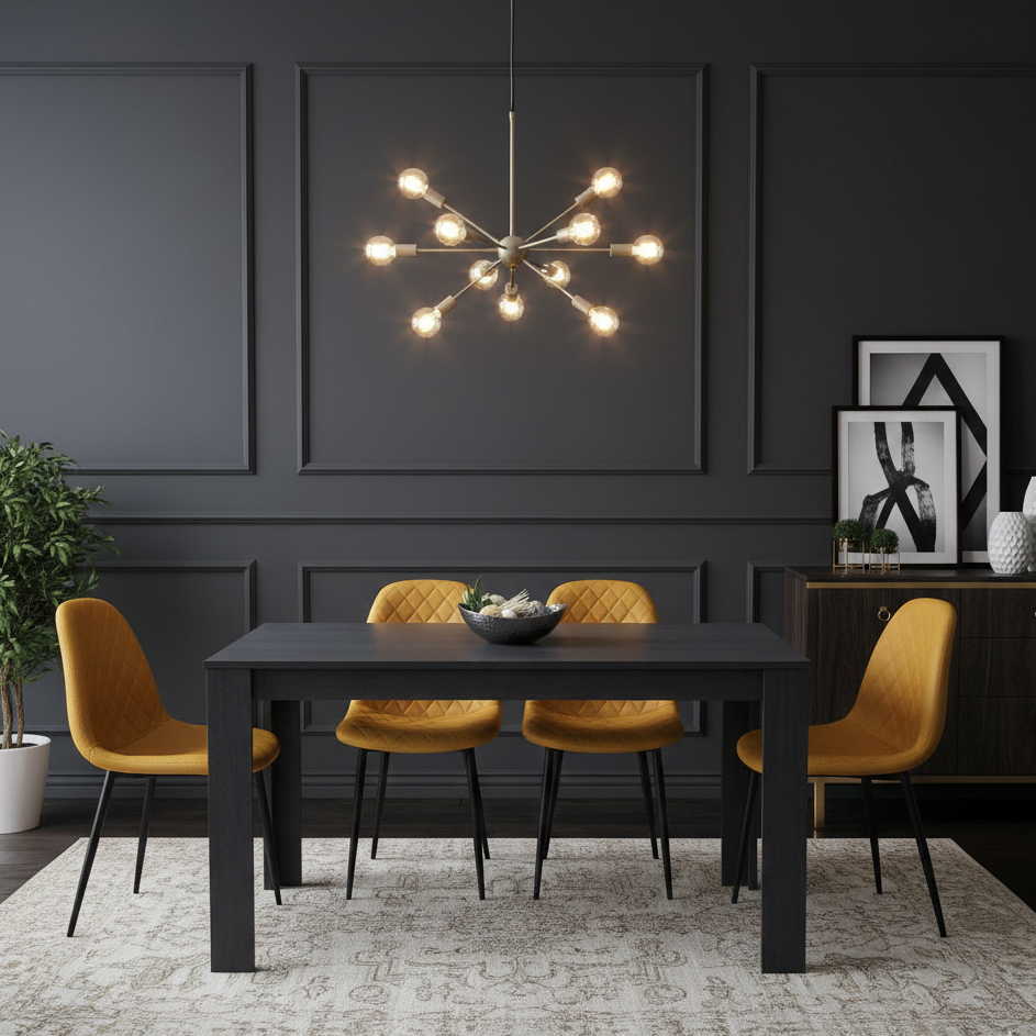 DOUBS Dining Table and 4 Chairs  Black Dark Grey 4 Leather Mustard Chairs Wood Dining Set Furniture