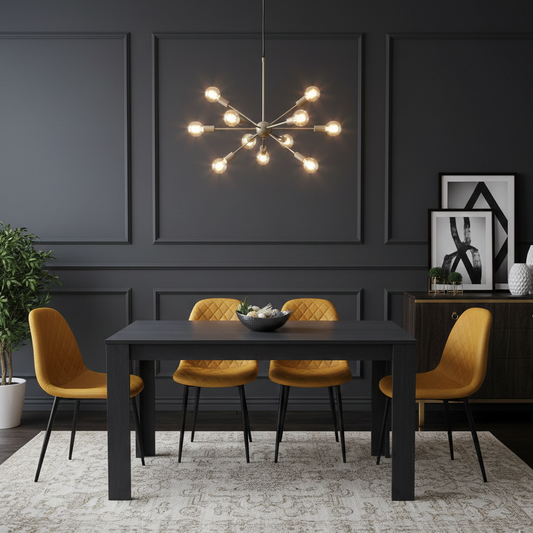 DOUBS Dining Table and 4 Chairs  Black Dark Grey 4 Leather Mustard Chairs Wood Dining Set Furniture