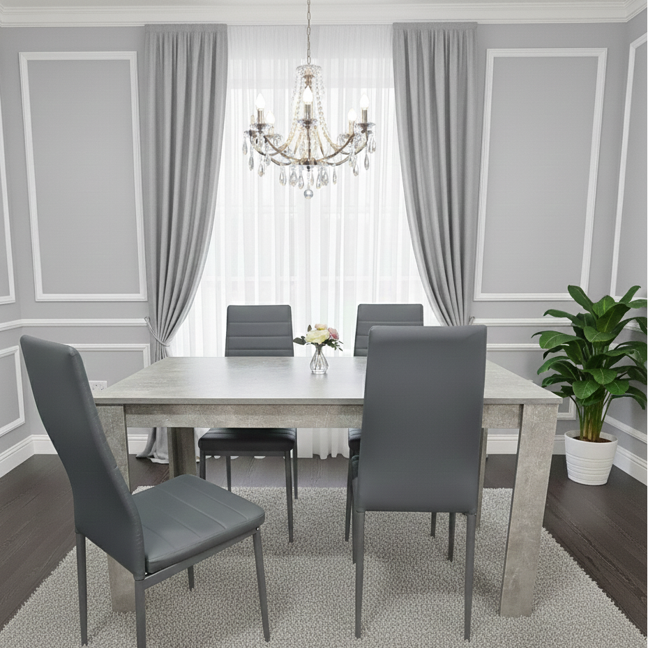 DOUBS Dining Table and 4 Chairs Stone Grey Effect Wood Table 4 Grey Leather Chairs Dining Room