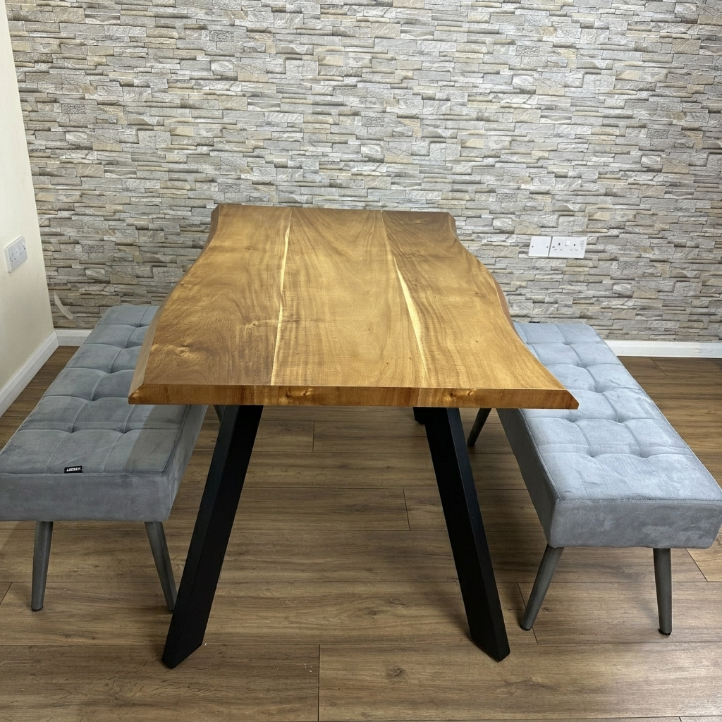 DOUBS Wood Dining Table and 2 Grey Velvet Benches 3-Piece Set
