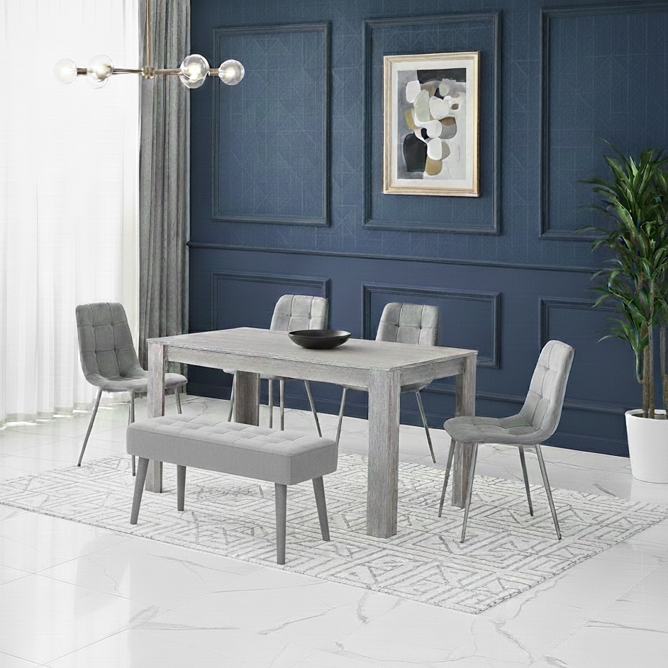 DOUBS Dining Table and 4 Chairs With Bench Grey 4 Grey Velvet Chairs