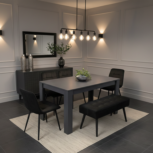 DOUBS Dining Table and 4 Chairs With Black Bench, 4 Grey Velvet Chairs Wood Dining Set Furniture