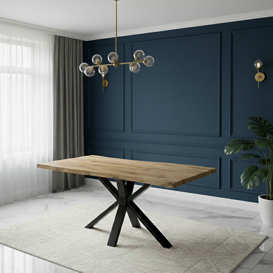 DOUBS Durable Wooden Dining Table with X-Shaped Iron Legs, Curved Edge for Dining, Work, or Study