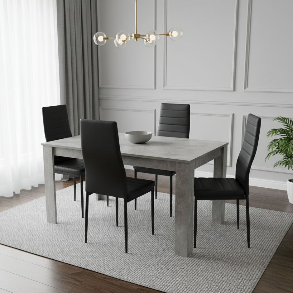 DOUBS Dining Table and 4 Chairs Stone Grey Effect Wood Table 4 Black Leather Chairs Dining Room