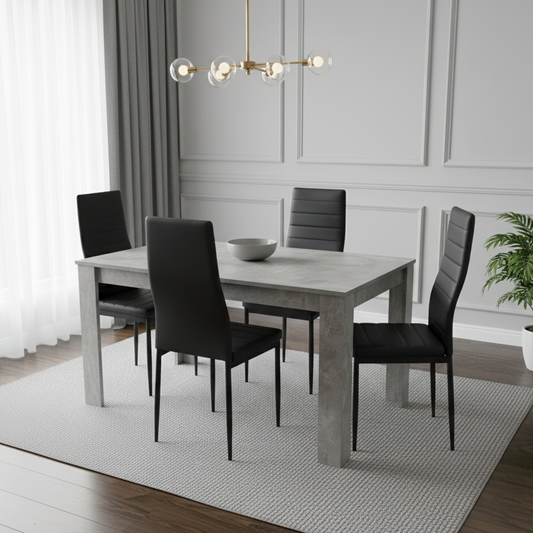 DOUBS Dining Table and 4 Chairs Stone Grey Effect Wood Table 4 Black Leather Chairs Dining Room