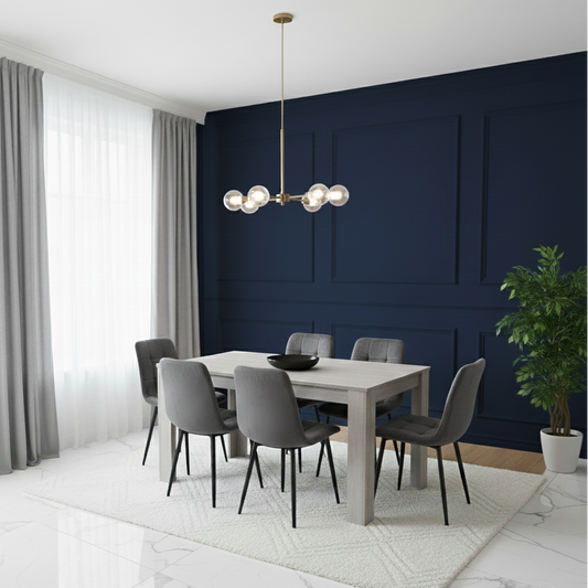 DOUBS Grey Wooden Dining Table Set with 6 Grey Velvet Chairs Dining Room Furniture