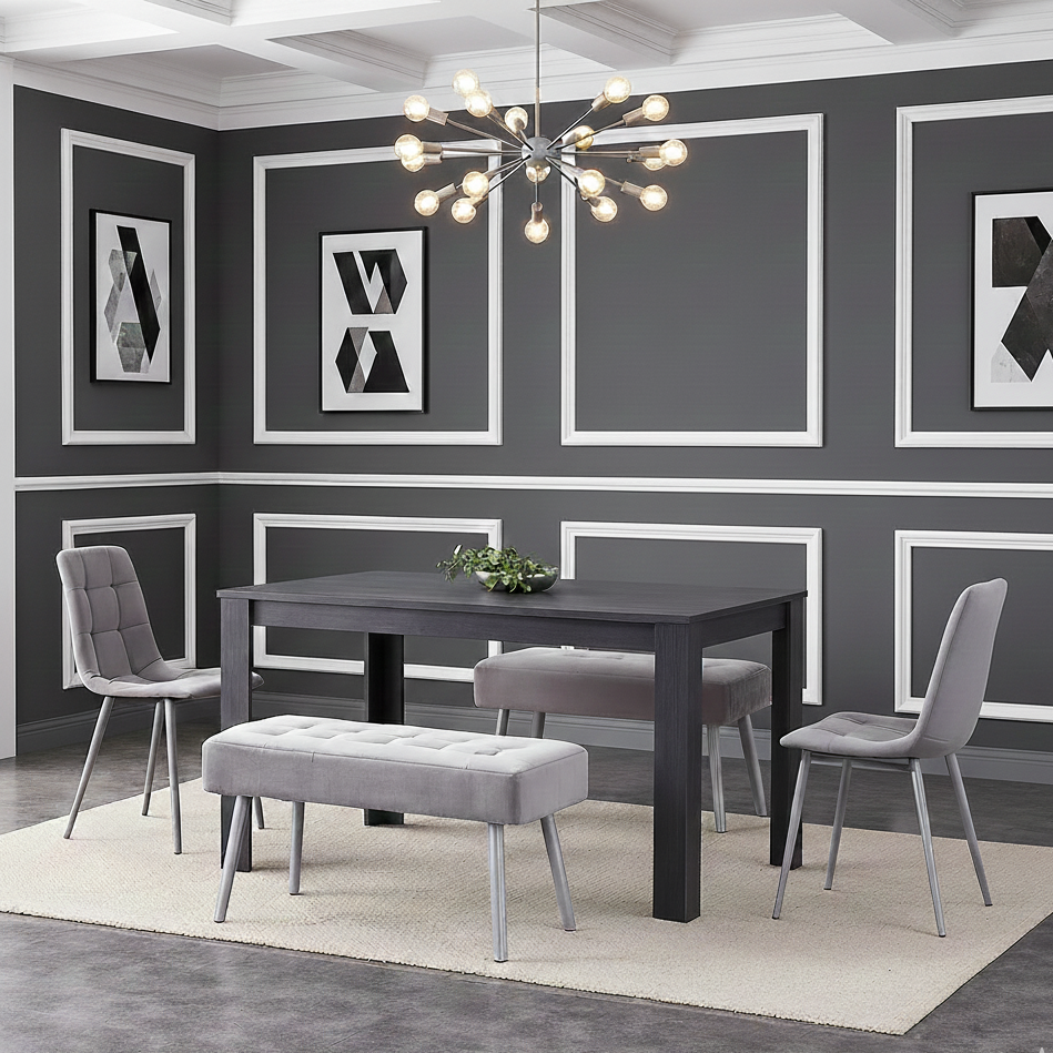 DOUBS Dark Grey Arrow Design Wooden Dining Table with Velvet Chairs and 2 Benches