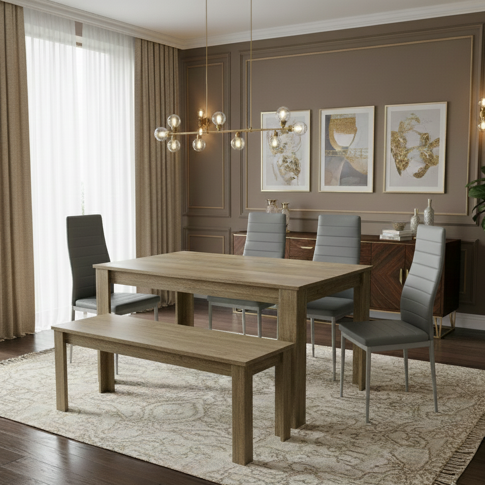 DOUBS Wooden Dining Table Set for 6 Rustic Effect Table With 4 Grey Leather Chairs and 1 Bench