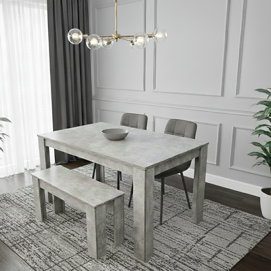 DOUBS Dining Table and 2 Chairs With Bench Stone Grey Effect Wood Table 2 Grey Velvet Chairs Dining Room