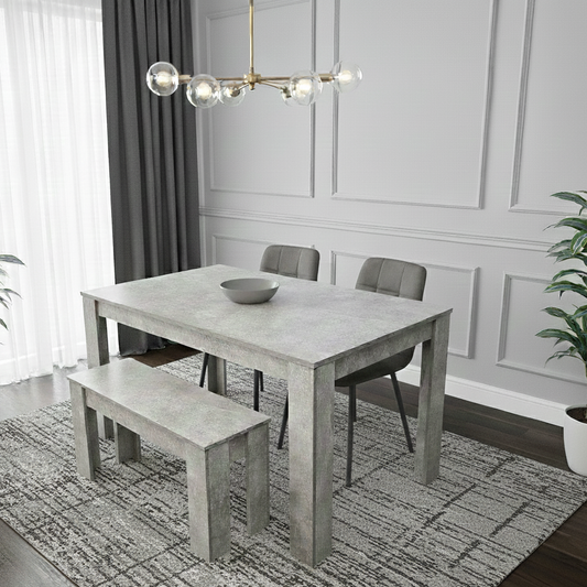 DOUBS Dining Table and 2 Chairs With Bench Stone Grey Effect Wood Table 2 Grey Velvet Chairs Dining Room