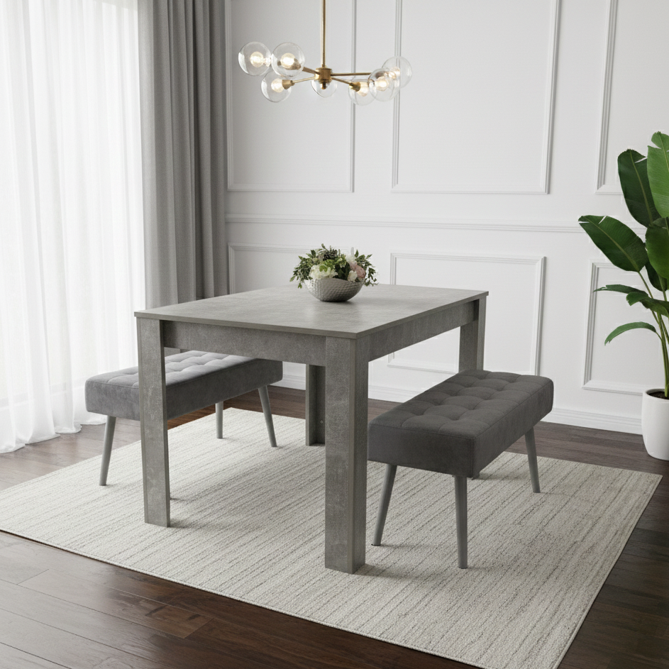 DOUBS Grey Wooden Dining Table Set and 2 Benches with Metal Legs – Dining Kitchen Room Furniture