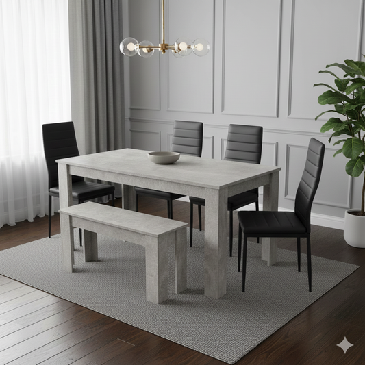 DOUBS Dining Table and 4 Chairs With Bench Stone Grey Effect Wood Table 4 Black Leather Chairs Dining Room