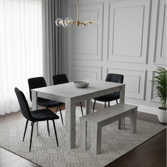 DOUBS Dining Table and 4 Chairs With Bench Stone Grey Effect Wood Table 4 Black Velvet  Chairs Dining Room