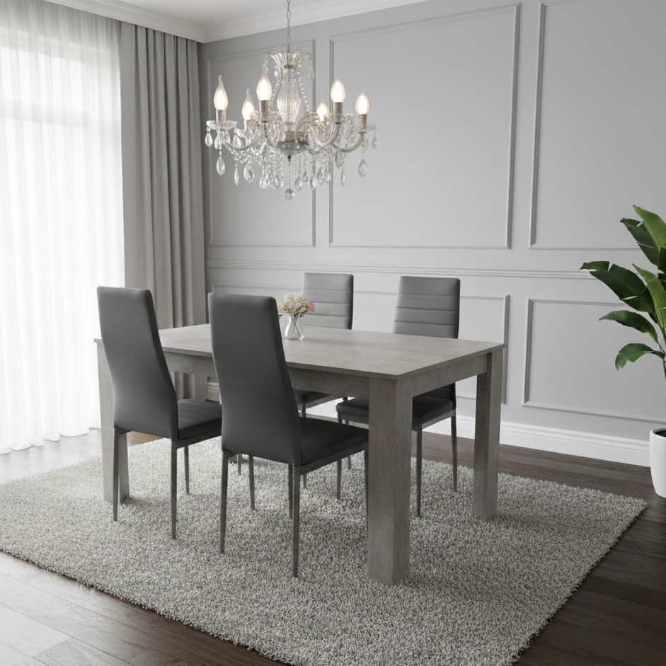 DOUBS Dining Table and 4 Chairs Stone Grey Effect Wood Table 4 Grey Leather Chairs Dining Room